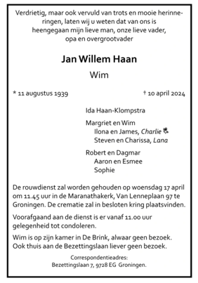 Rouwadvertentie Wim Haan